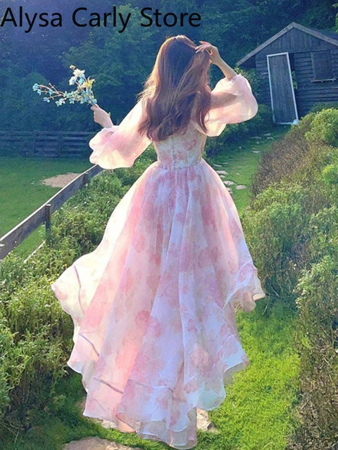 Midi Dress Women Vintage Floral Print Irregular Hem Puff Sleeve Elegant Fairy Chic Party Dress