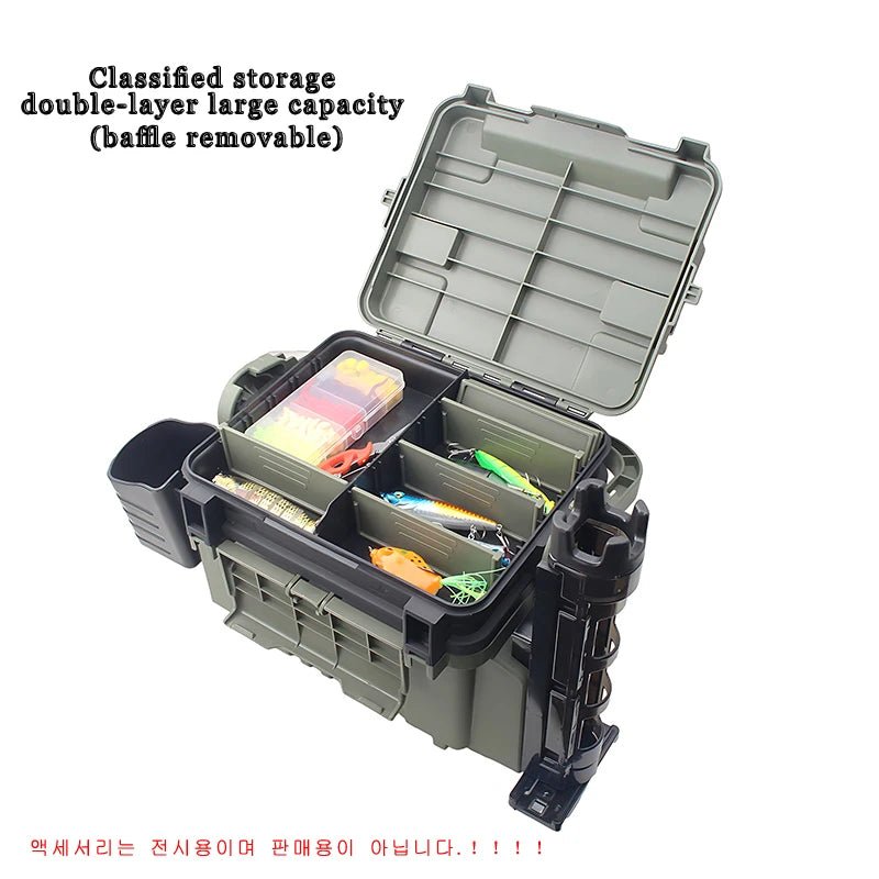 Gray fishing tackle box with compartments containing fishing lures on a white background