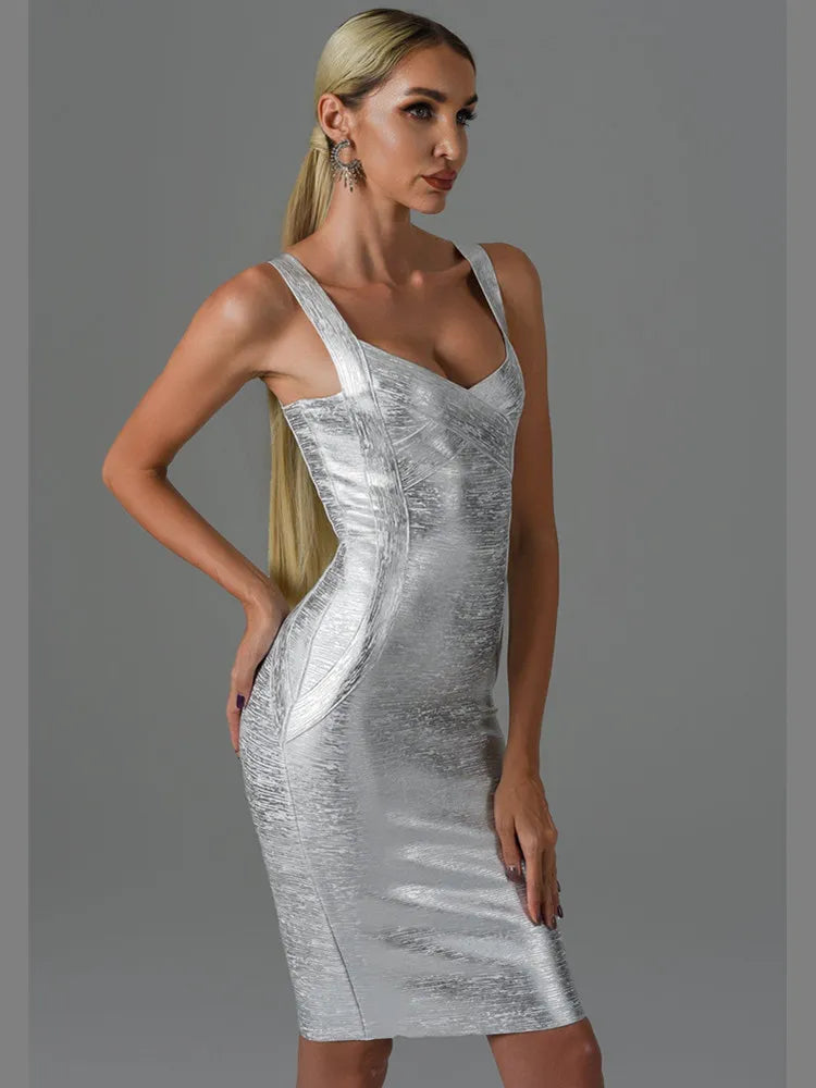 Boutique Designer Style Sexy Metallic Sleeveless Backless Short Dress Gold Silver Midi Bodycon Bandage Dress Elegant Evening Wedding Party Dress