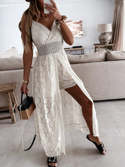 New Fashion Long Beach Dress Spaghetti Straps Boho Sleeveless Hollow Out Floral Lace Party Summer Dresses