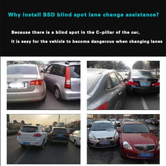 Advertisement for BSD blind spot lane change assistance with car images showing blind spots.