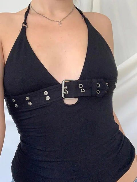 Crop Top Women Black Bandage Backless Lace Up Retro Punk Mini Vest Tank Cute Party Top