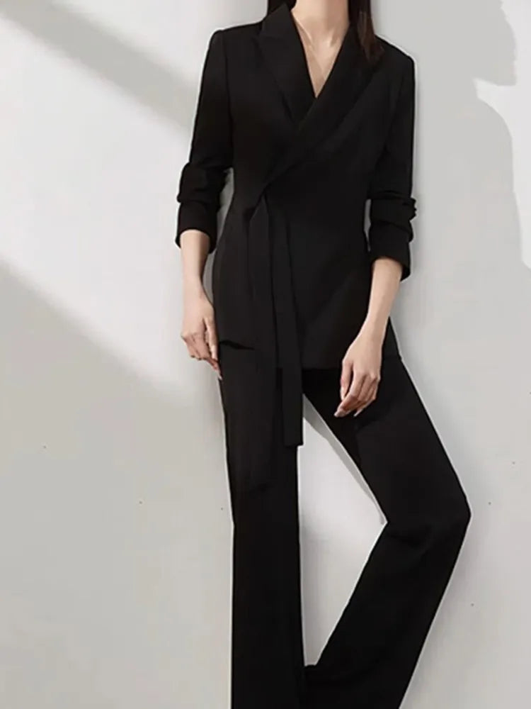 Women's Pant & Blazer 2 Piece Set Chic Long Sleeve Blazer High Waist Straight Pants Vintage Suit Office Attire