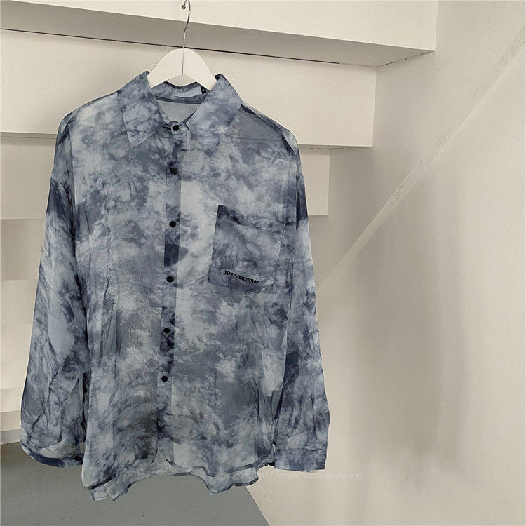 Women's Fashion Tie Dye Shirts Loose Casual Sun-Protective Embroidered Transparent Tops