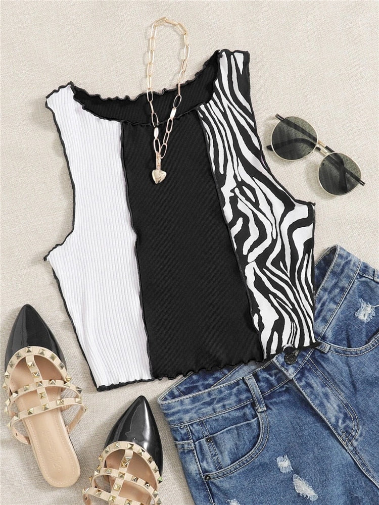 Women's Zebra Stripe Graphic Patchwork Rib Knit Crop Top Vest Y2K Sleeveless Tank Tops