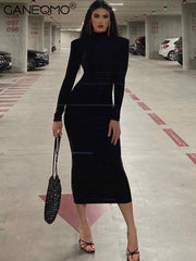 Women Black Long Sleeve Bodycon Midi Party Dress