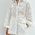 Women's Sheer Floral Embroidered Lace Blouse and Shorts Set – Elegant Two-Piece Outfit