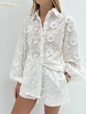 Women's Sheer Floral Embroidered Lace Blouse and Shorts Set – Elegant Two-Piece Outfit