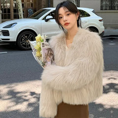 Women's Faux Fur Coat Luxury Collarless Short Elegant Shaggy Artic Fox Faux Fur Coat Bridal Bolero Shrug