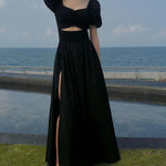 French Style Vintage Open Fork Long Dress Women Black Elegant Party Hollow Out Short Sleeve Dress