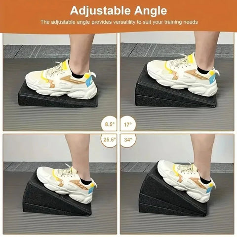Adjustable angle step platform showing different angles with a person wearing sneakers.