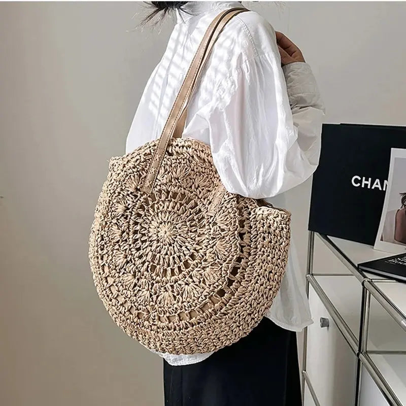 Round Straw Beach Tote Bag