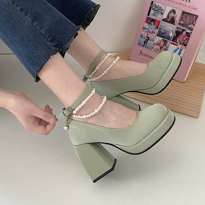 Vintage Chunky High Heel Platform Shoes for Women Pearl Chain and Ankle Straps