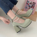 Vintage Chunky High Heel Platform Shoes for Women Pearl Chain and Ankle Straps