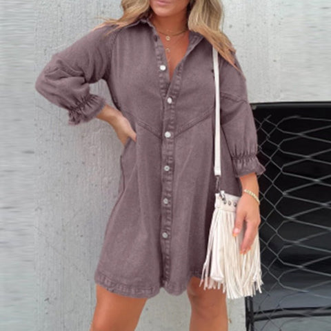 Long Sleeve Denim Shirt Dress Women Single Breasted A-Line Mini Casual Fashion Dress
