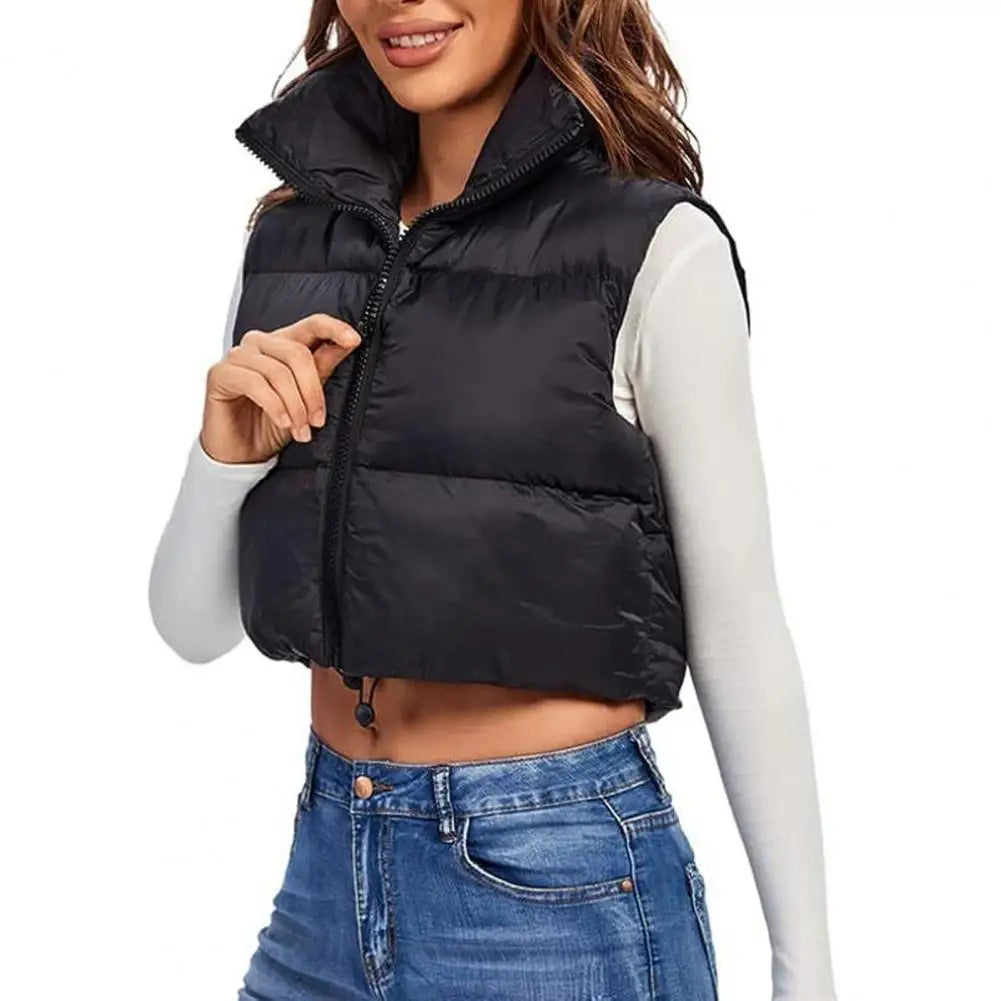 Ultra-Insulated Padded Puffer Vest with High Neck and Adjustable Hem Crop Top Vest