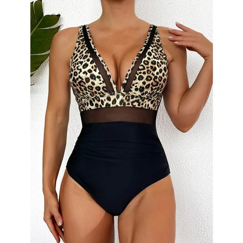 One-Piece Swimsuit Women Solid Deep V-Neck Removable Bra Pads Summer Beach Swimwear Bathing Suit
