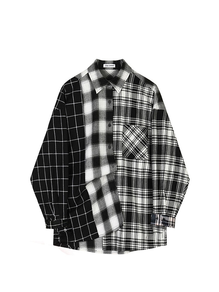 Oversized Plaid Patchwork Shirt Vintage Streetwear Blouse Grunge Punk Retro Shirt