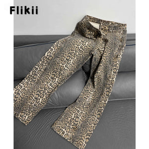 American Retro Leopard Print High Waist Baggy Jeans Women's Casual Hip-hop Pants Y2K Oversized Denim Trousers