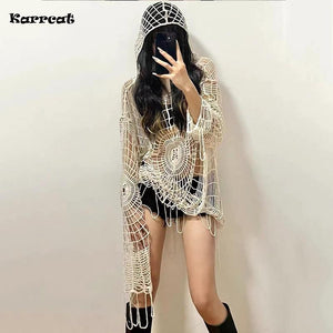 Hooded Knitwear Pullover Spider Web Hole Jumpers Irregular Hollow Out Pullover Grunge