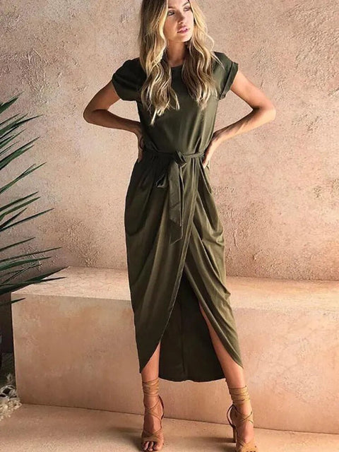 Midi Dress Women Tie-Up Waist Long Drape Wrap Irregular Hem Elegant Casual Fashion Dress