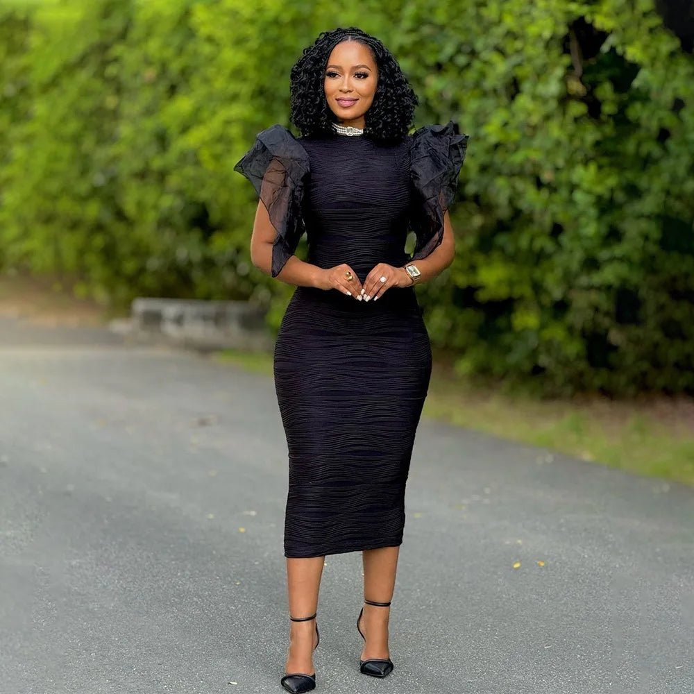 Elegant Hot Striped Bodycon Midi Dress with Sheer Ruffle Sleeves