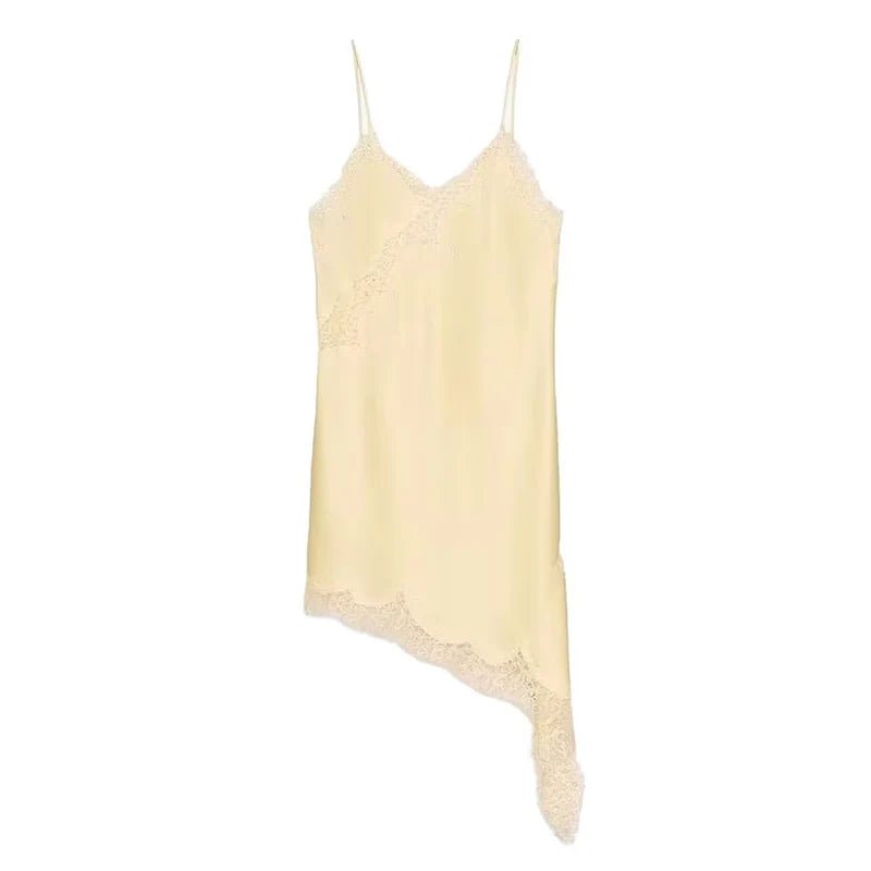 Light yellow lace-trimmed camisole on a white background