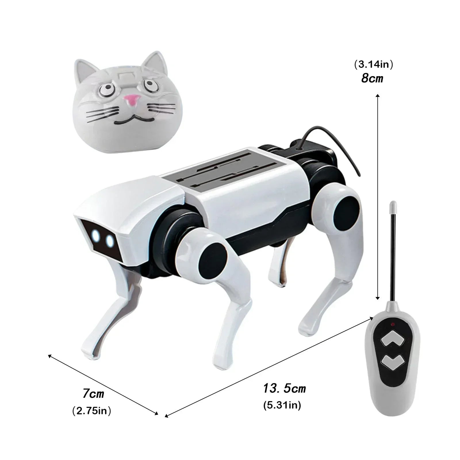 Robotic cat toy with remote control and measurements on a white background