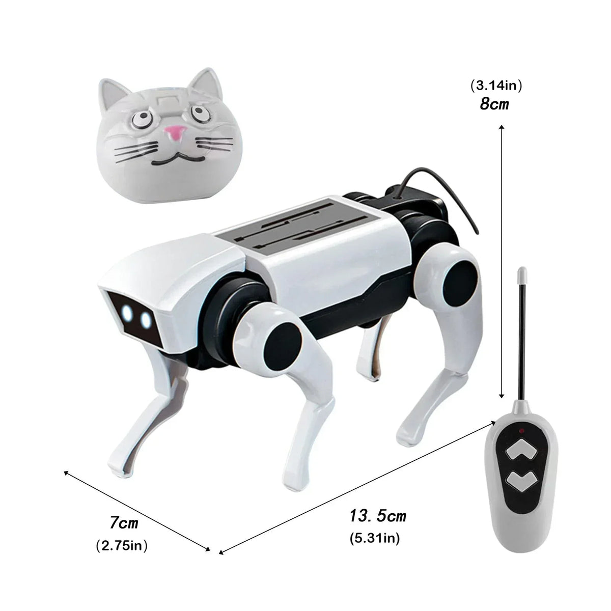 Robotic cat toy with remote control and measurements on a white background