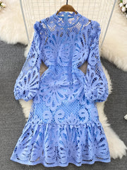 Women's Lace Short Dress Hollow out Floral Embroidery Puff Ruffle Long Sleeve Vintage Elegant Dress