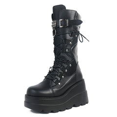 Women's Platform Mid-calf Boots High Wedge Heel Lace Up Fashion Gothic Punk Knee High Boots