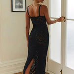 Women's Sexy Lace Floral Long Black Dress Spring/Summer Mesh See-Through Maxi Elegant Party Beach Dress