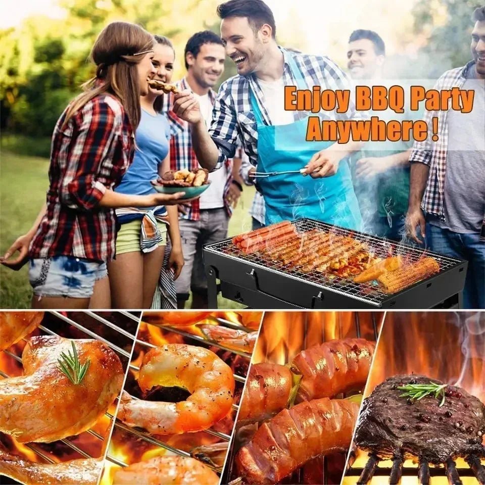 People enjoying a BBQ party with grilled food and promotional text 'Enjoy BBQ Party Anywhere!'.