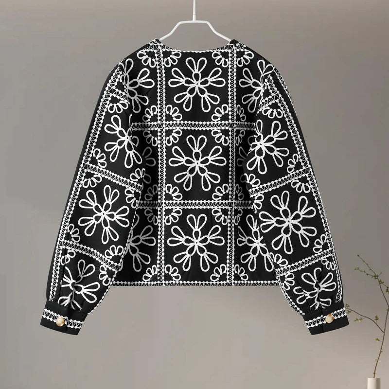 Two-Piece Embroidered Jacket and Shorts Set – Black and White Floral Pattern O-Neck Lantern Sleeve Coat High Waist Short Pants