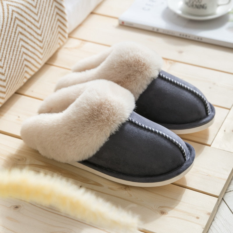 Cotton Home Fur Slippers for Women Winter Warm Plush Bedroom Non-Slip Indoor Slippers