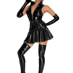 Women's Faux PVC Leather Dress Wet Look Sexy Bodycon Vinyl Latex Sleeveless Mini Dress with Gloves & Stockings