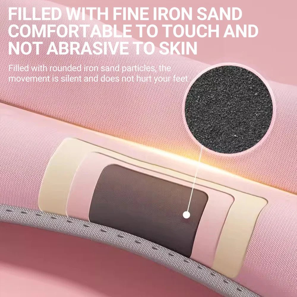 Pink wrist and ankle weights with iron sand filling and text describing its properties.