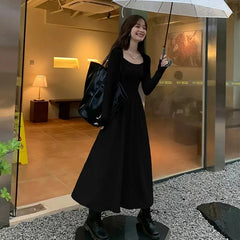 Vintage Square Collar Midi Office Dresses for Women with Pleated Long Sleeve Dress Pockets