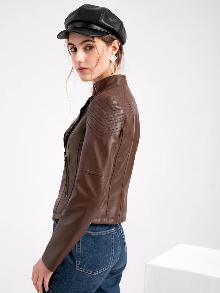 Faux Leather Jacket Women's Slim Vintage Zipper Short Coats Turn-Down Collar