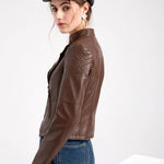 Faux Leather Jacket Women's Slim Vintage Zipper Short Coats Turn-Down Collar