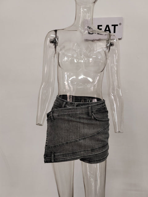 High Waist Irregular Chain Denim Mini Skirt Women Spliced Gray Above Knee Casual Fashion