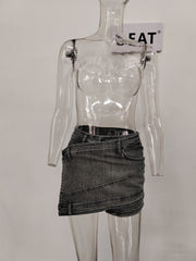 Women's High-Waist Irregular Chain Denim Skirt Spliced Gray Above Knee Mini Skirts