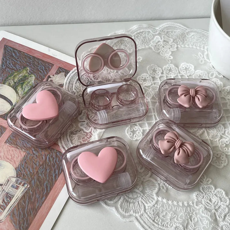 Contact Lens Case Pink Transparent Heart Bow Contact Lens Case for Girl Portable Beauty Storage Eye Care Container Box