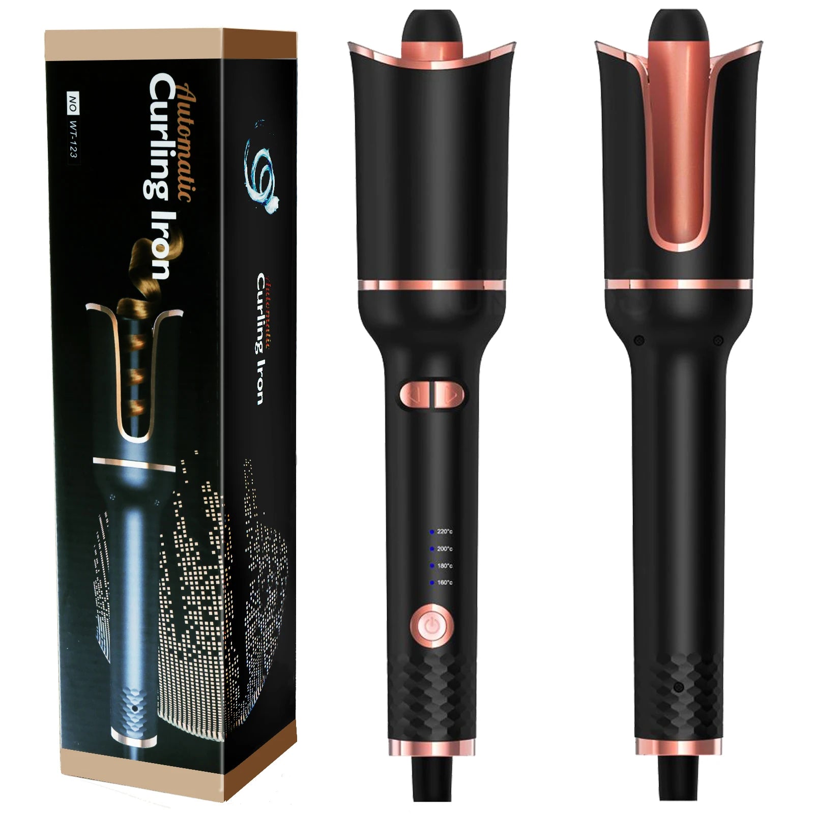 Black and rose gold curling iron with packaging on a white background