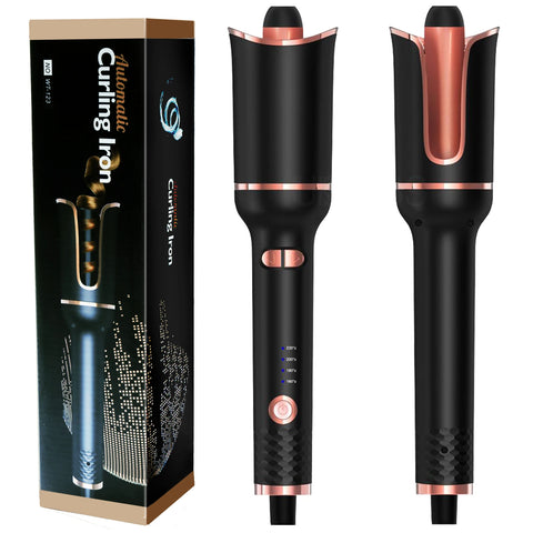 Black and rose gold curling iron with packaging on a white background