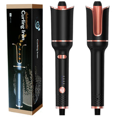 Black and rose gold curling iron with packaging on a white background