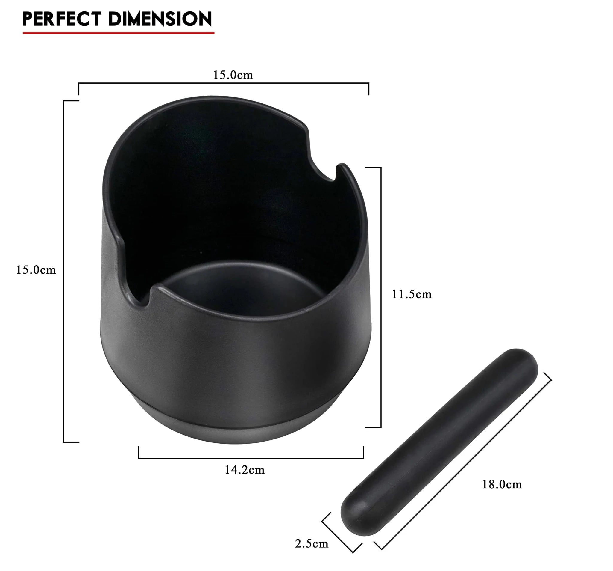 Black coffee knock box  with dimensions labeled on a white background