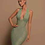 Sexy Halter Deep V-Neck Sequins Maxi Dress Green Sleeveless Backless Sequined Slim Long Dresses Wedding Party Prom Gowns