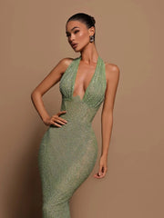 Sexy Halter Deep V-Neck Sequins Maxi Dress Green Sleeveless Backless Sequined Slim Long Dresses Wedding Party Prom Gowns