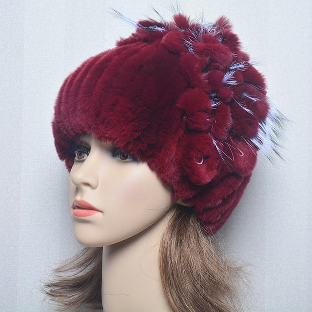 Women's Genuine Rex Rabbit Fur Hat Striped Top Flower Warm Real Fur Knit Beanie Caps